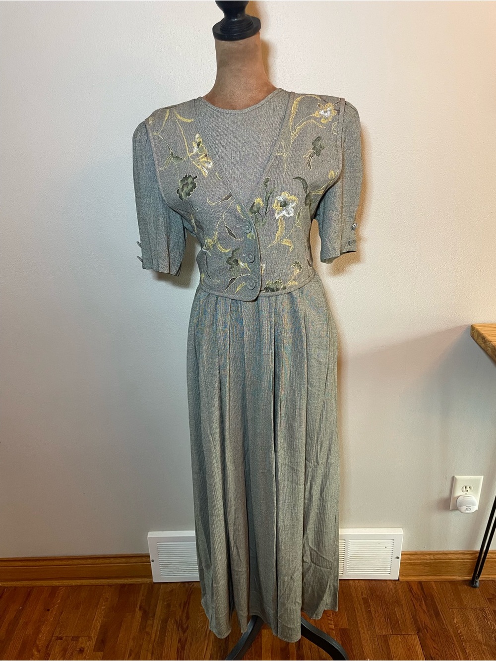 Vintage J.B.S. Faux Vest Embroidered Floral Maxi Dress